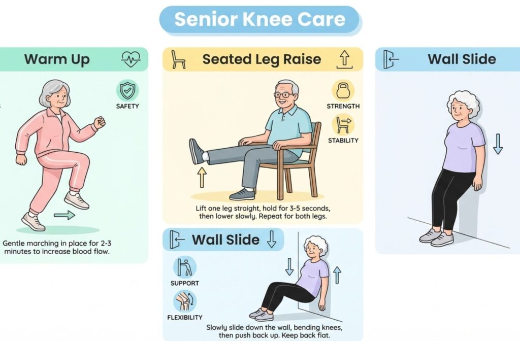 Four-step infographic showing a senior person marching, doing a seated leg lift, and performing a wall slide for knee strength.
