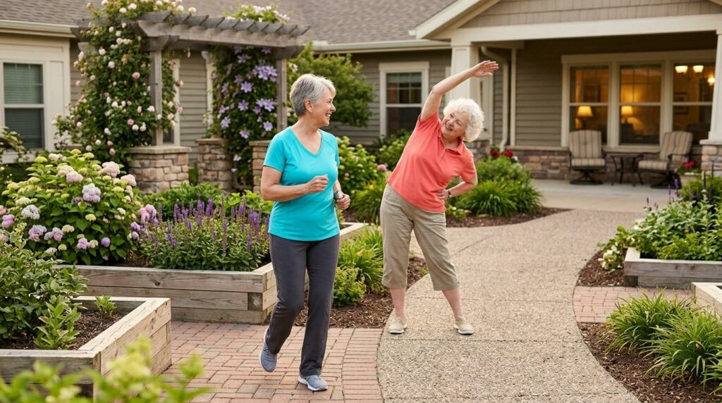 Older adult stretching outdoors in soft morning light, representing senior exercise routines at an independent living community.