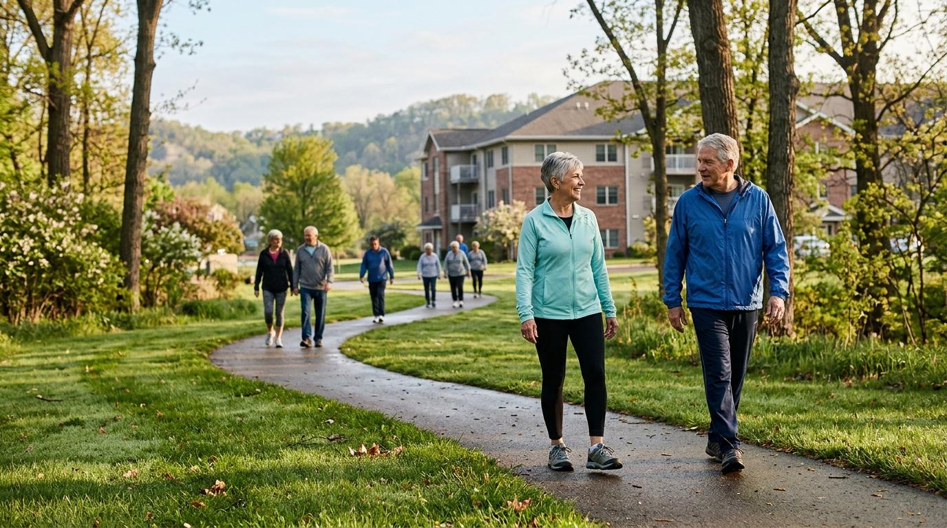 Smiling older adult enjoying a peaceful morning walk outdoors, representing active senior living and daily wellness routines.