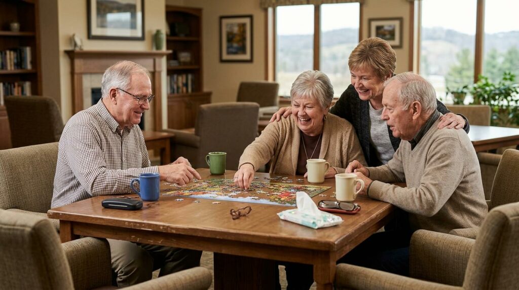 A group of older adults smile while putting a puzzle together in a sunlit room.