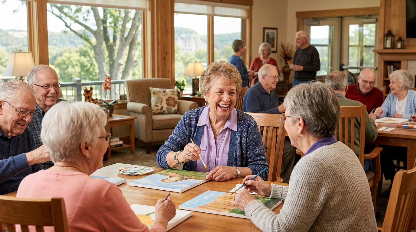 Older adults laugh while painting in a sunlit room.