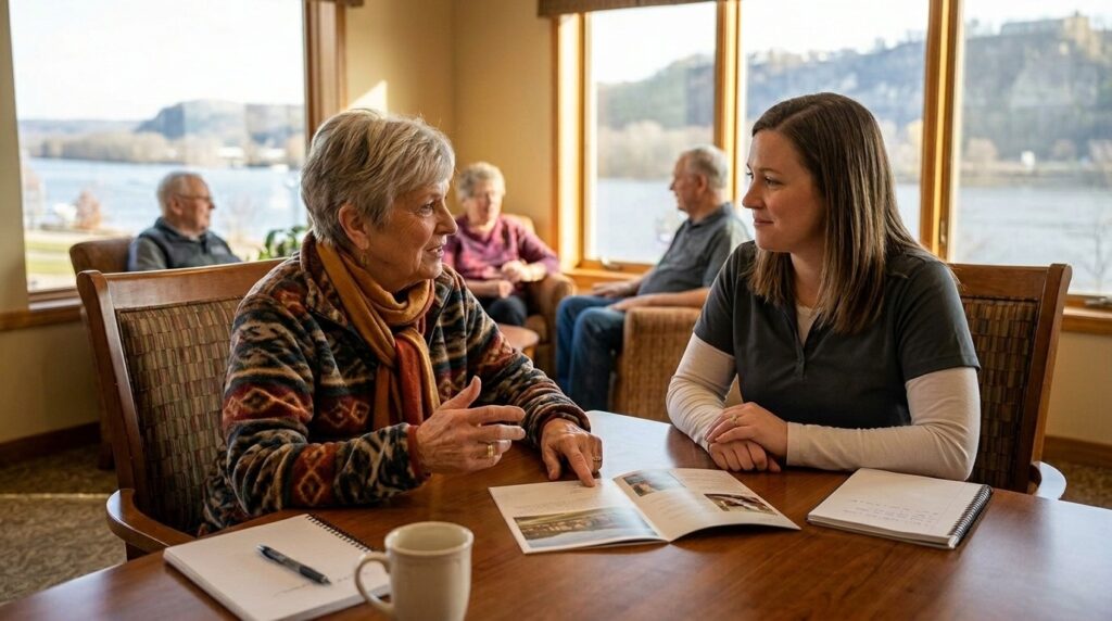 Smiling older adults sitting together reading a document.