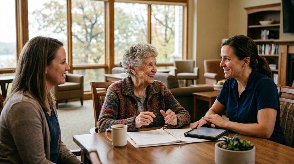 Smiling senior adult reviewing care support options at an independent living community