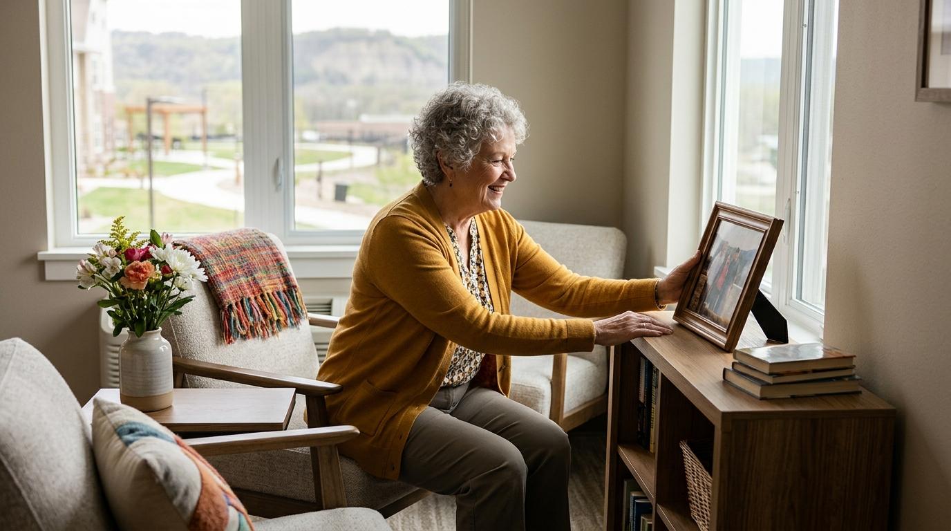 A smiling senior adult decorates their independent living apartment with a family photo, books, and cozy throw blankets.